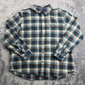 Woolrich Flannel Shirt Men XL Blue Brown Plaid Long Sleeve Button Down Cotton